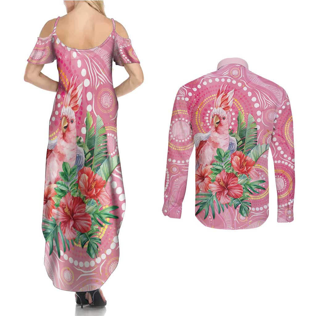 Breast Cancer Pink Cockatoo Couples Matching Summer Maxi Dress and Long Sleeve Button Shirt Indigenous Australia Watercolor Glaze - Aussie Hoodie