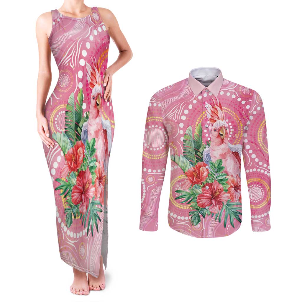 Breast Cancer Pink Cockatoo Couples Matching Tank Maxi Dress and Long Sleeve Button Shirt Indigenous Australia Watercolor Glaze - Aussie Hoodie