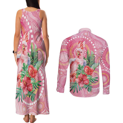 Breast Cancer Pink Cockatoo Couples Matching Tank Maxi Dress and Long Sleeve Button Shirt Indigenous Australia Watercolor Glaze - Aussie Hoodie