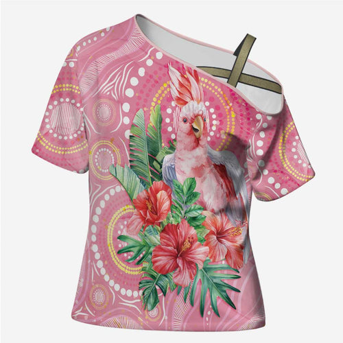 Breast Cancer Pink Cockatoo Cross Shoulder Shirt Indigenous Australia Watercolor Glaze - Aussie Hoodie