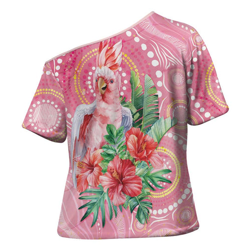 Breast Cancer Pink Cockatoo Cross Shoulder Shirt Indigenous Australia Watercolor Glaze - Aussie Hoodie