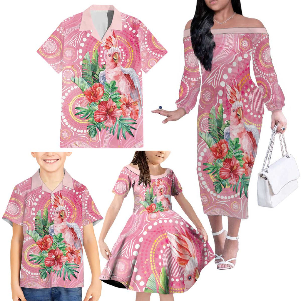 Breast Cancer Pink Cockatoo Family Matching Off The Shoulder Long Sleeve Dress and Hawaiian Shirt Indigenous Australia Watercolor Glaze - Aussie Hoodie