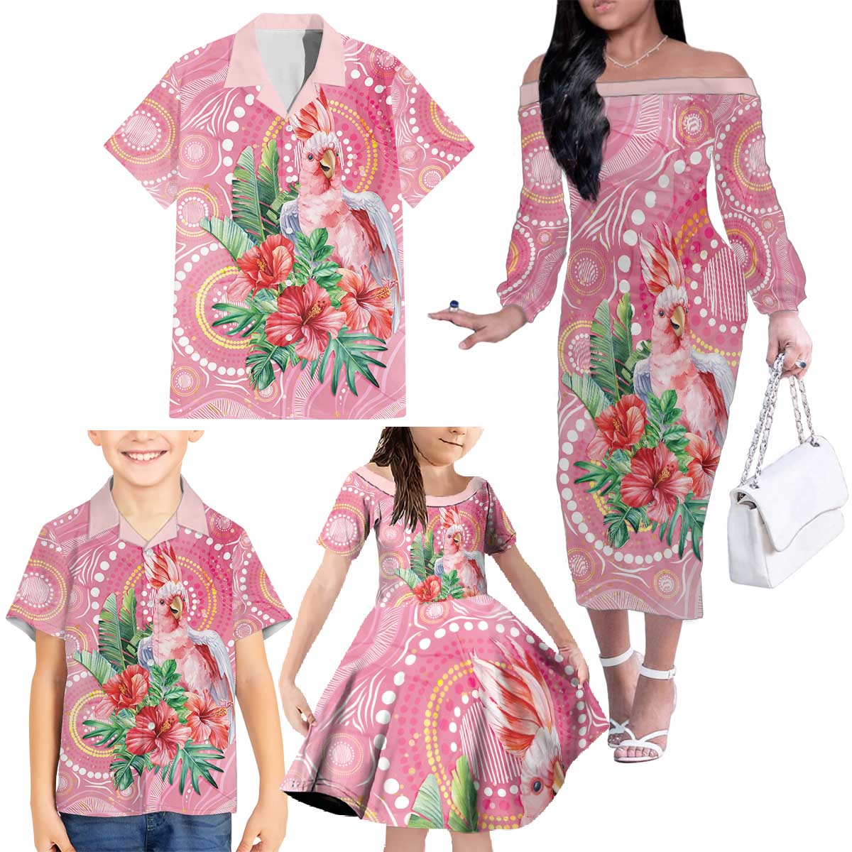 Breast Cancer Pink Cockatoo Family Matching Off The Shoulder Long Sleeve Dress and Hawaiian Shirt Indigenous Australia Watercolor Glaze - Aussie Hoodie