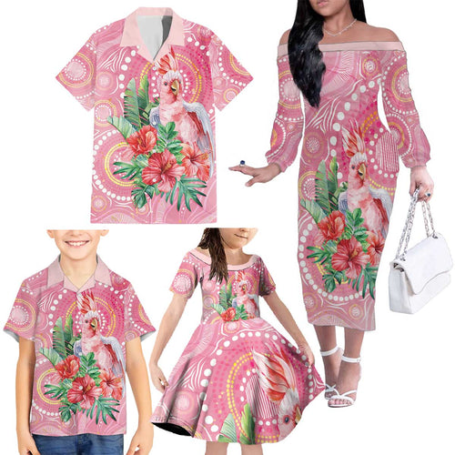 Breast Cancer Pink Cockatoo Family Matching Off The Shoulder Long Sleeve Dress and Hawaiian Shirt Indigenous Australia Watercolor Glaze - Aussie Hoodie