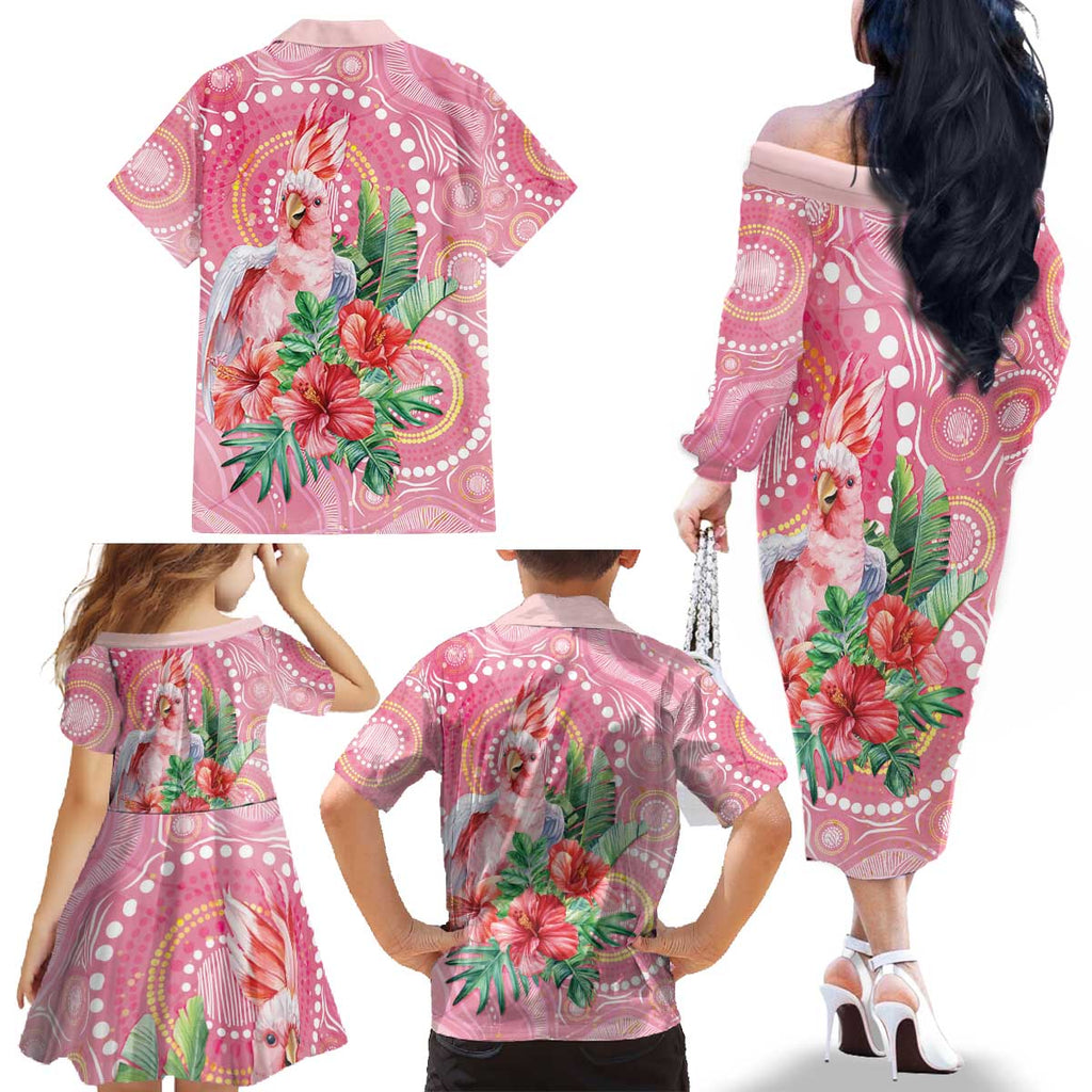 Breast Cancer Pink Cockatoo Family Matching Off The Shoulder Long Sleeve Dress and Hawaiian Shirt Indigenous Australia Watercolor Glaze - Aussie Hoodie