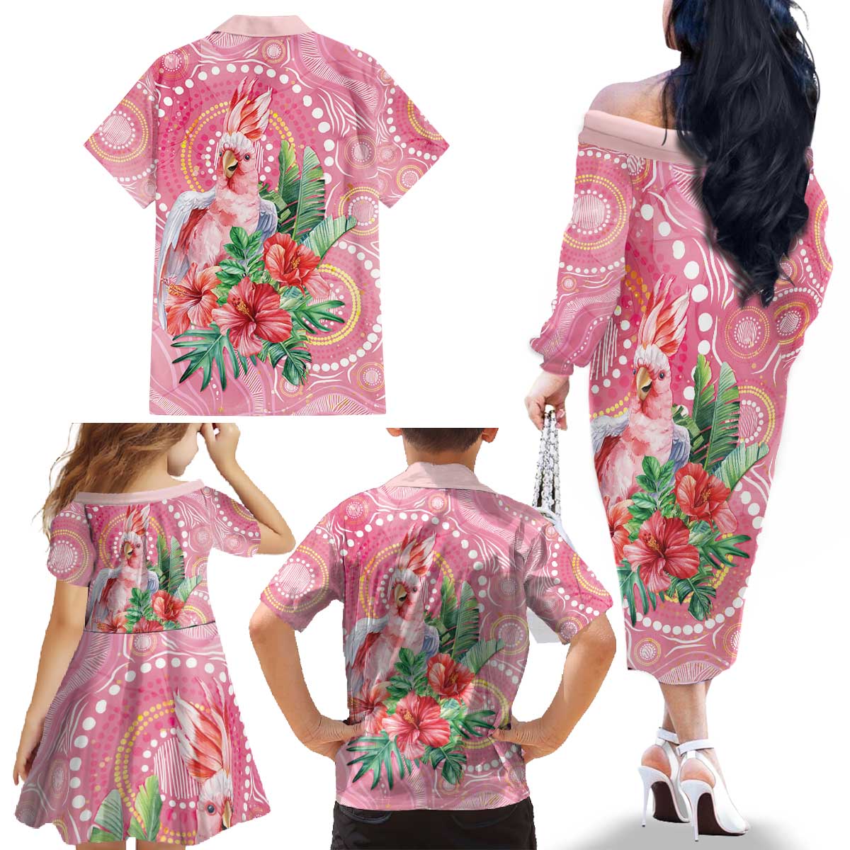 Breast Cancer Pink Cockatoo Family Matching Off The Shoulder Long Sleeve Dress and Hawaiian Shirt Indigenous Australia Watercolor Glaze - Aussie Hoodie