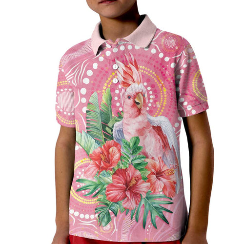 Breast Cancer Pink Cockatoo Kid Polo Shirt Indigenous Australia Watercolor Glaze - Aussie Hoodie