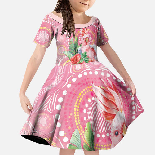 Breast Cancer Pink Cockatoo Kid Short Sleeve Dress Indigenous Australia Watercolor Glaze - Aussie Hoodie