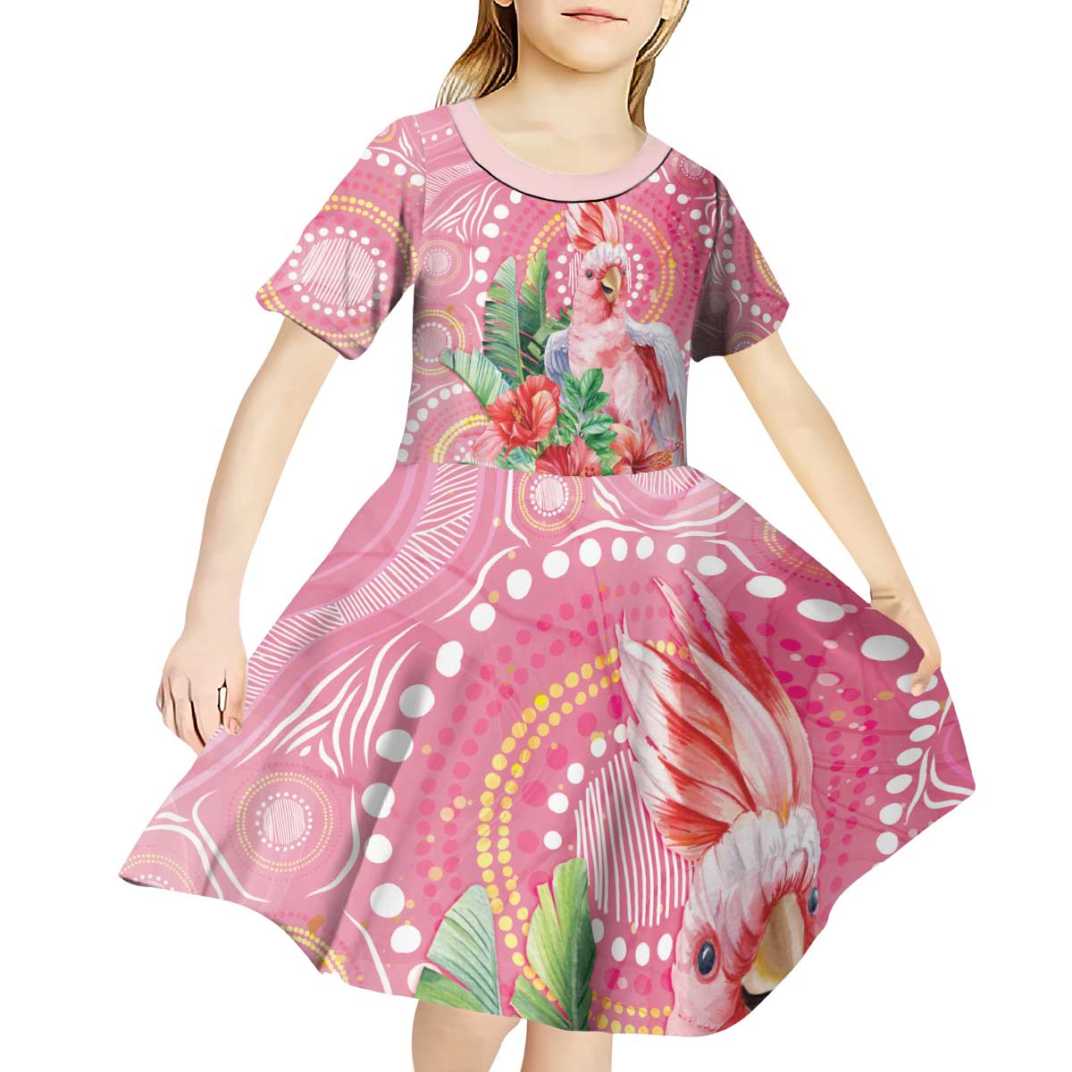 Breast Cancer Pink Cockatoo Kid Short Sleeve Dress Indigenous Australia Watercolor Glaze - Aussie Hoodie