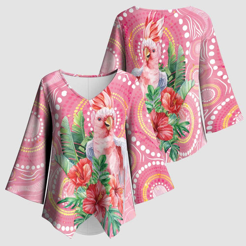 Breast Cancer Pink Cockatoo Kimono Sleeve Blouse Indigenous Australia Watercolor Glaze - Aussie Hoodie