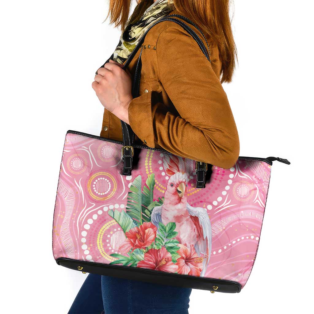 Breast Cancer Pink Cockatoo Leather Tote Bag Indigenous Australia Watercolor Glaze - Aussie Hoodie