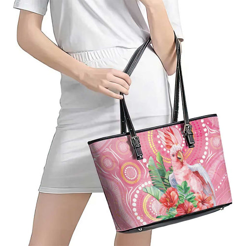 Breast Cancer Pink Cockatoo Leather Tote Bag Indigenous Australia Watercolor Glaze - Aussie Hoodie