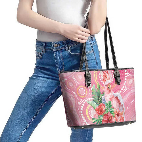 Breast Cancer Pink Cockatoo Leather Tote Bag Indigenous Australia Watercolor Glaze - Aussie Hoodie