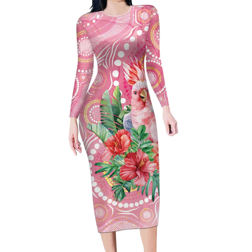 Breast Cancer Pink Cockatoo Long Sleeve Bodycon Dress Indigenous Australia Watercolor Glaze - Aussie Hoodie