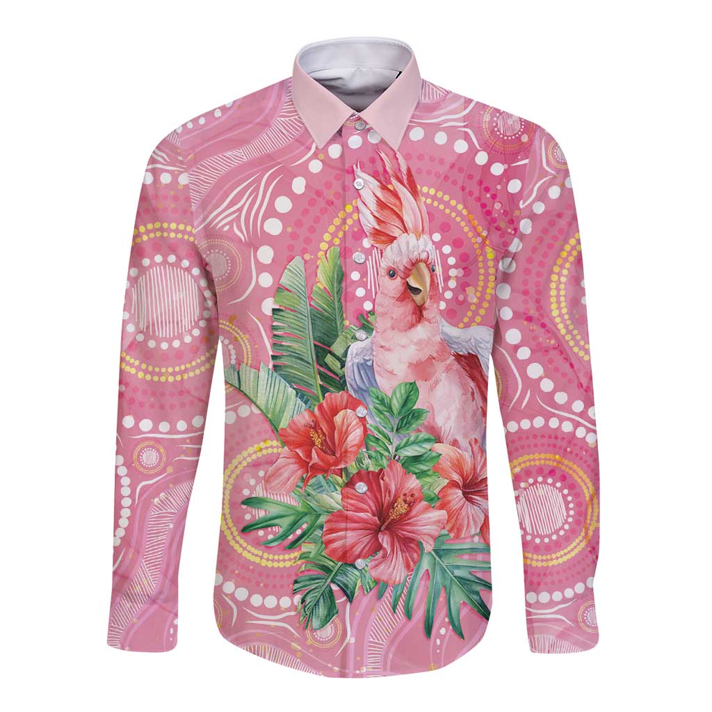 Breast Cancer Pink Cockatoo Long Sleeve Button Shirt Indigenous Australia Watercolor Glaze - Aussie Hoodie