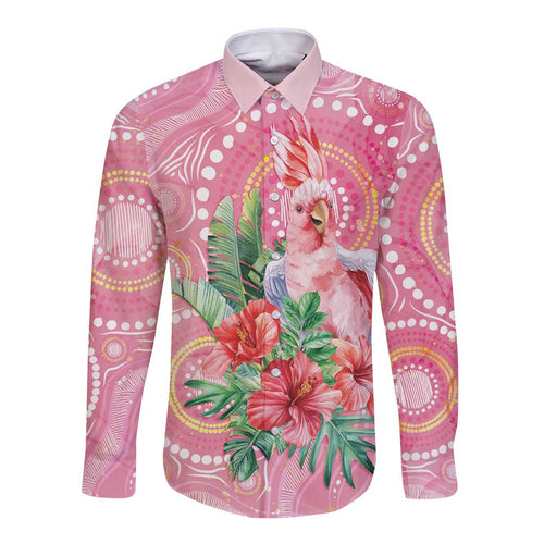 Breast Cancer Pink Cockatoo Long Sleeve Button Shirt Indigenous Australia Watercolor Glaze - Aussie Hoodie