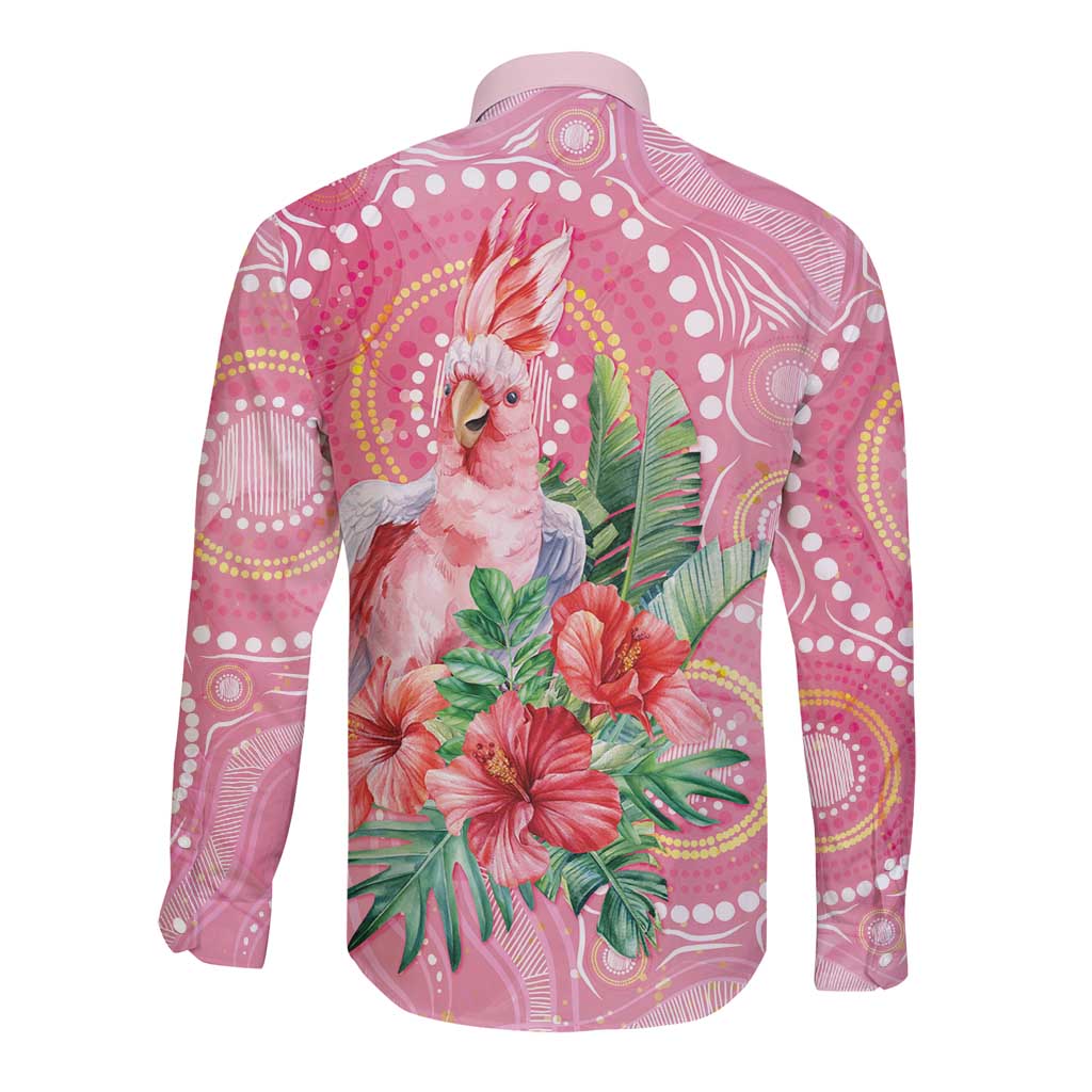 Breast Cancer Pink Cockatoo Long Sleeve Button Shirt Indigenous Australia Watercolor Glaze - Aussie Hoodie