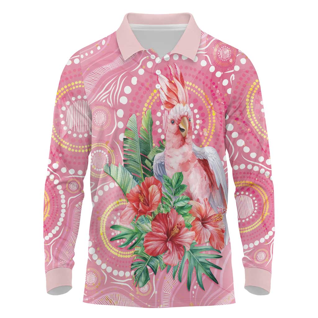 Breast Cancer Pink Cockatoo Long Sleeve Polo Shirt Indigenous Australia Watercolor Glaze - Aussie Hoodie