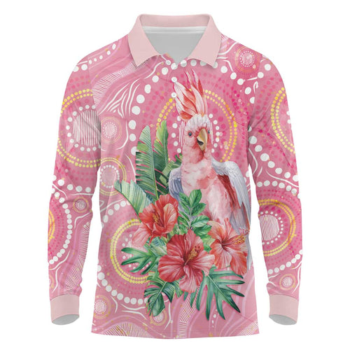 Breast Cancer Pink Cockatoo Long Sleeve Polo Shirt Indigenous Australia Watercolor Glaze - Aussie Hoodie