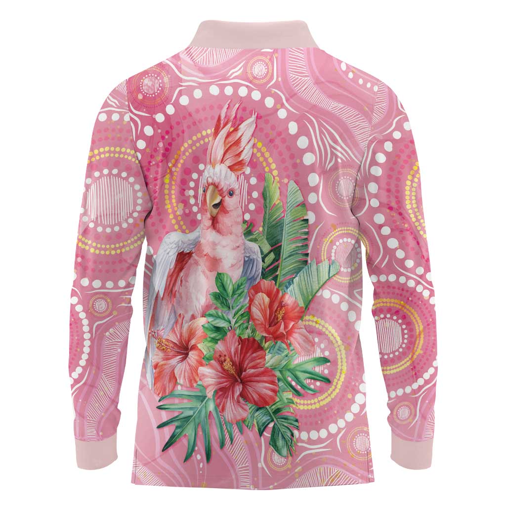 Breast Cancer Pink Cockatoo Long Sleeve Polo Shirt Indigenous Australia Watercolor Glaze - Aussie Hoodie
