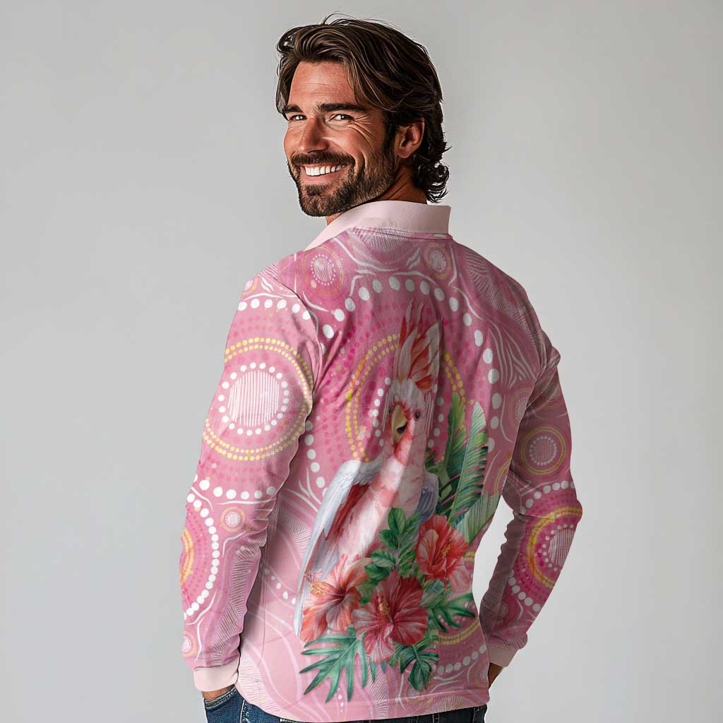 Breast Cancer Pink Cockatoo Long Sleeve Polo Shirt Indigenous Australia Watercolor Glaze - Aussie Hoodie