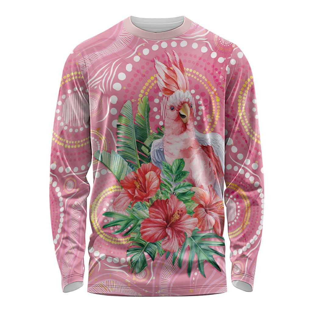 Breast Cancer Pink Cockatoo Long Sleeve Shirt Indigenous Australia Watercolor Glaze - Aussie Hoodie