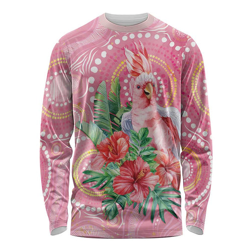 Breast Cancer Pink Cockatoo Long Sleeve Shirt Indigenous Australia Watercolor Glaze - Aussie Hoodie