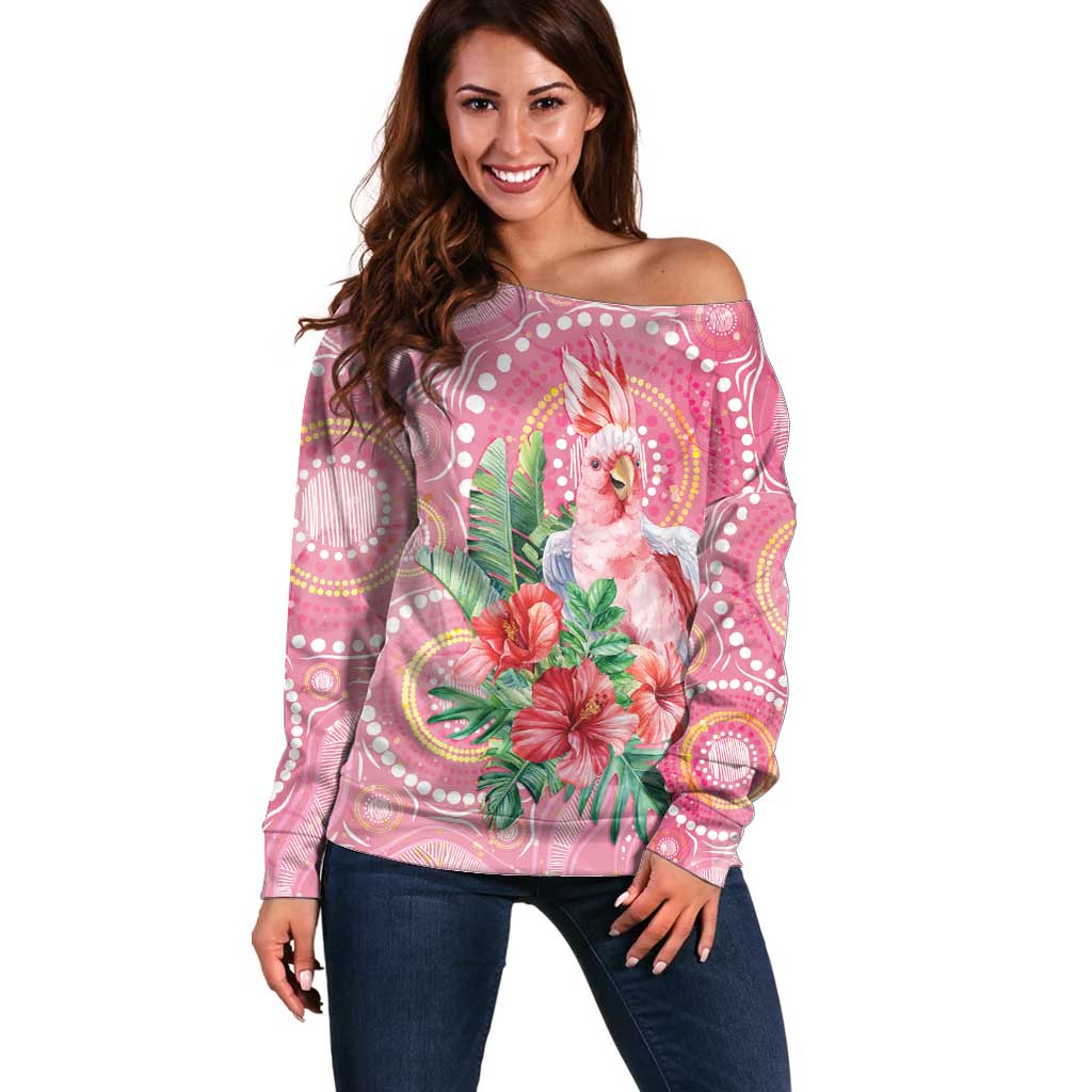 Breast Cancer Pink Cockatoo Off Shoulder Sweater Indigenous Australia Watercolor Glaze - Aussie Hoodie