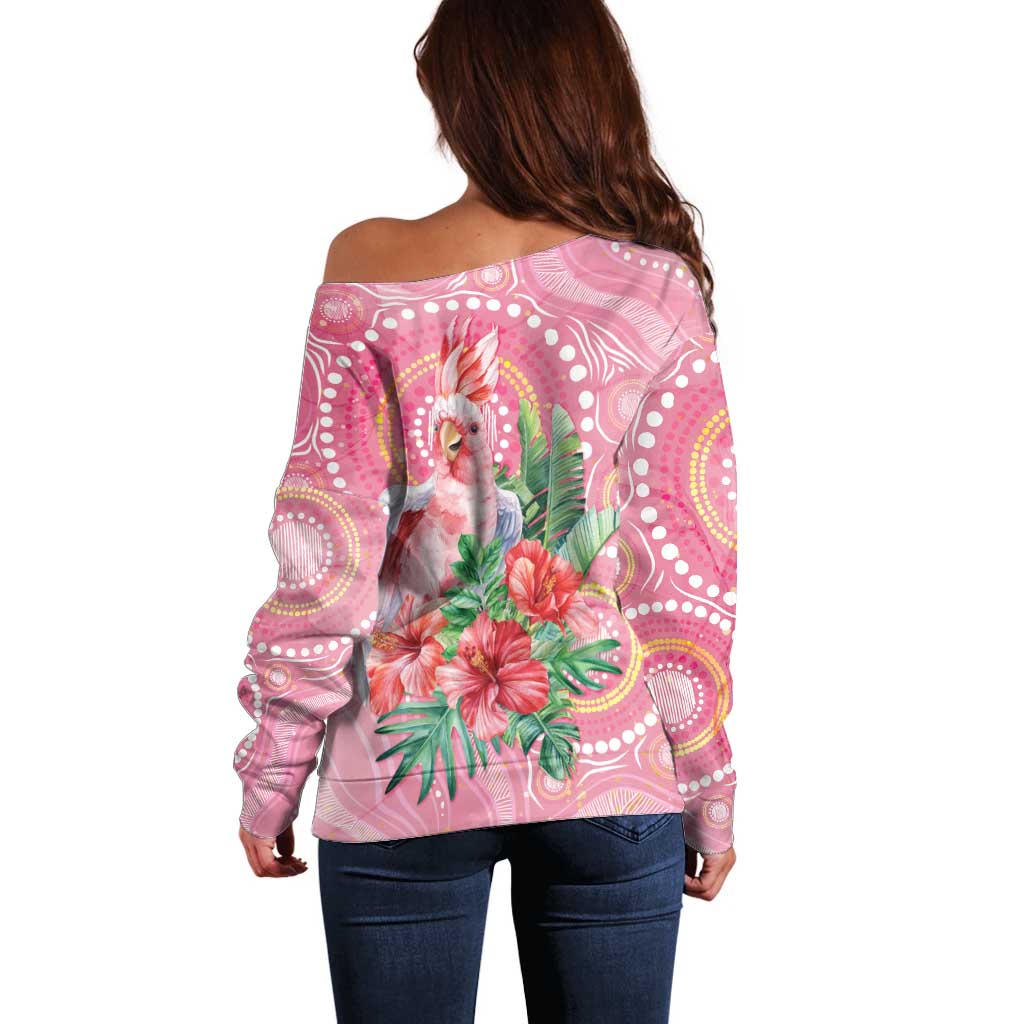 Breast Cancer Pink Cockatoo Off Shoulder Sweater Indigenous Australia Watercolor Glaze - Aussie Hoodie