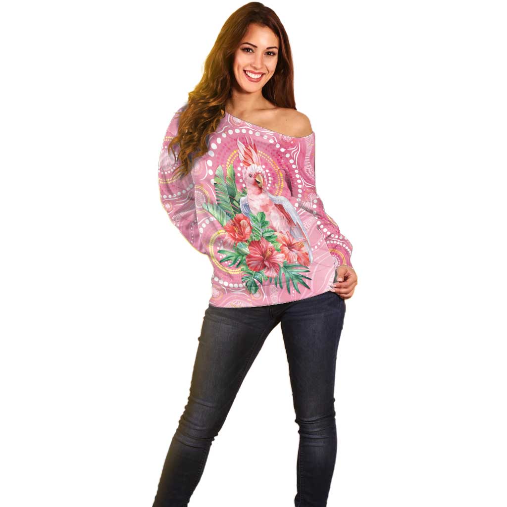 Breast Cancer Pink Cockatoo Off Shoulder Sweater Indigenous Australia Watercolor Glaze - Aussie Hoodie
