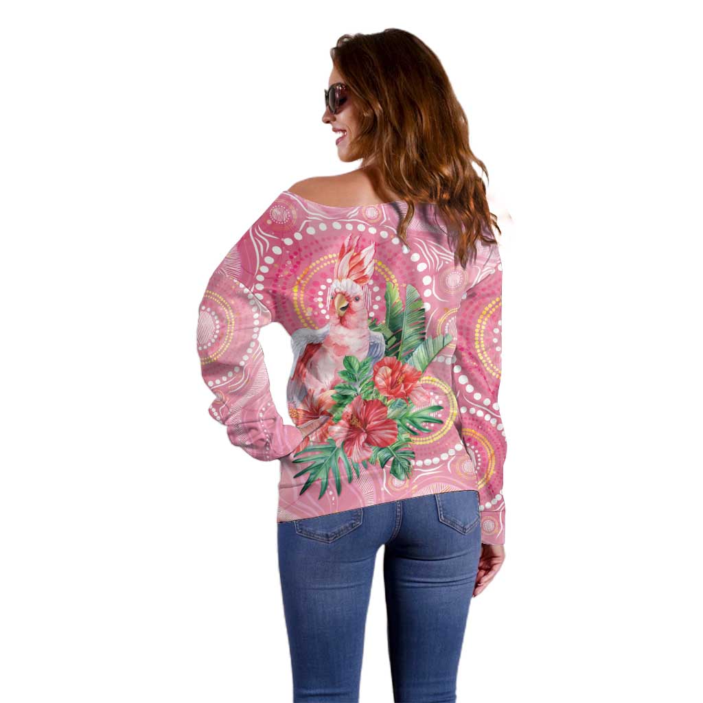 Breast Cancer Pink Cockatoo Off Shoulder Sweater Indigenous Australia Watercolor Glaze - Aussie Hoodie