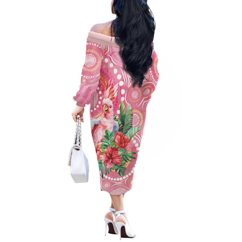 Breast Cancer Pink Cockatoo Off The Shoulder Long Sleeve Dress Indigenous Australia Watercolor Glaze - Aussie Hoodie