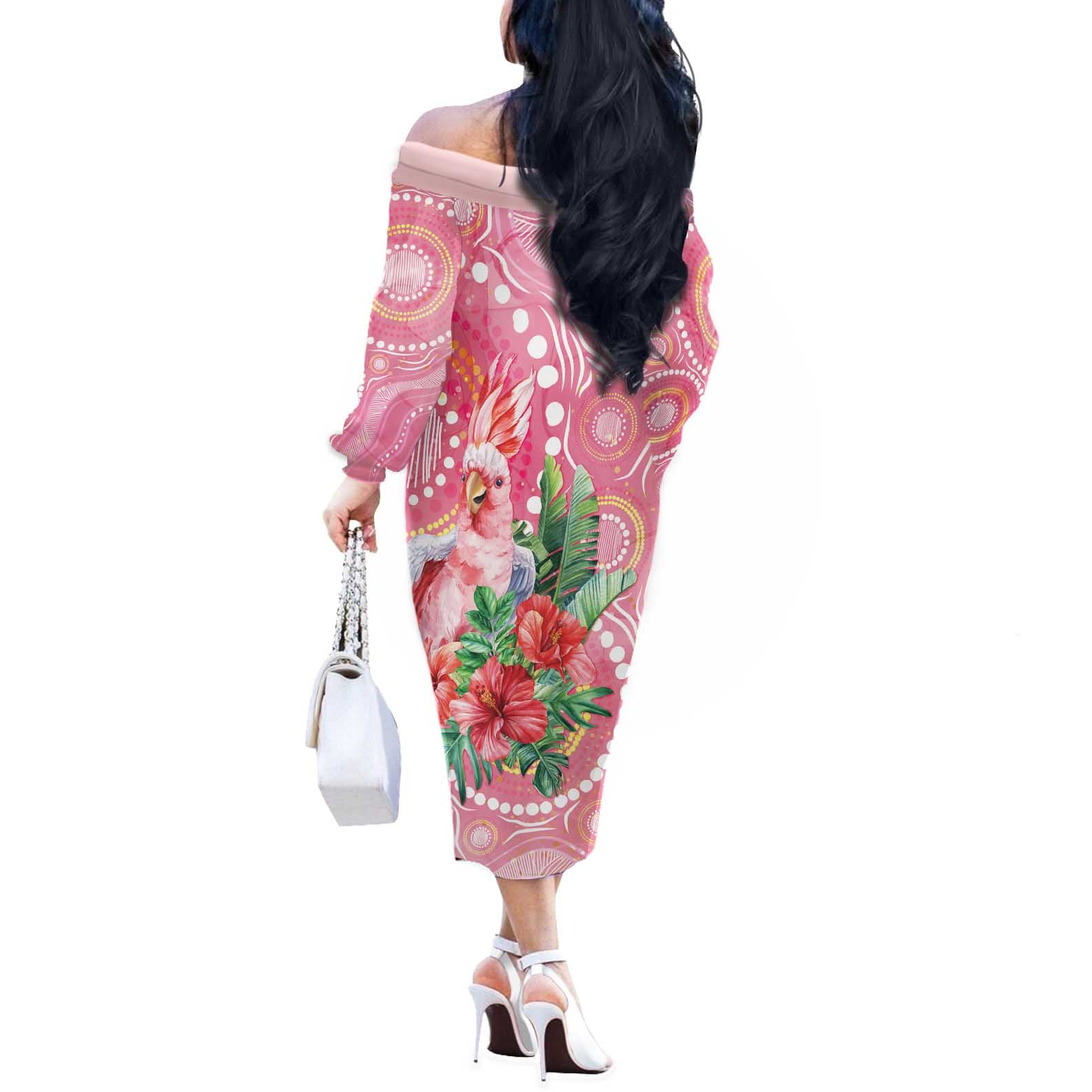 Breast Cancer Pink Cockatoo Off The Shoulder Long Sleeve Dress Indigenous Australia Watercolor Glaze - Aussie Hoodie