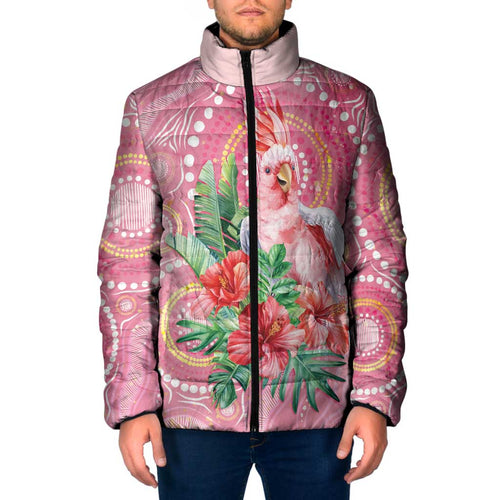 Breast Cancer Pink Cockatoo Padded Jacket Indigenous Australia Watercolor Glaze - Aussie Hoodie