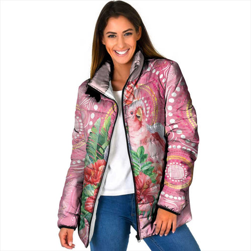 Breast Cancer Pink Cockatoo Padded Jacket Indigenous Australia Watercolor Glaze - Aussie Hoodie