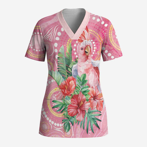Breast Cancer Pink Cockatoo Scrub Top Indigenous Australia Watercolor Glaze - Aussie Hoodie