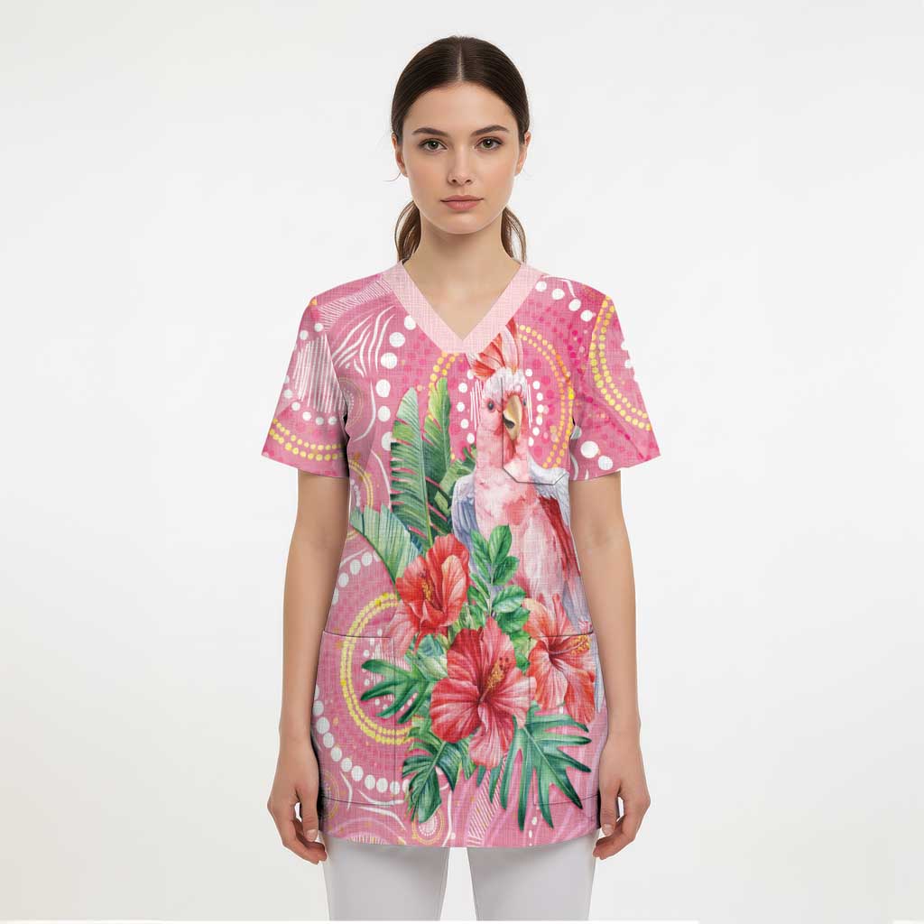 Breast Cancer Pink Cockatoo Scrub Top Indigenous Australia Watercolor Glaze - Aussie Hoodie