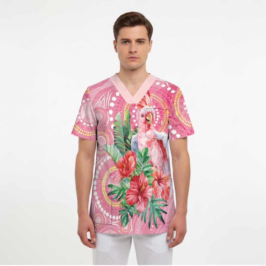 Breast Cancer Pink Cockatoo Scrub Top Indigenous Australia Watercolor Glaze - Aussie Hoodie