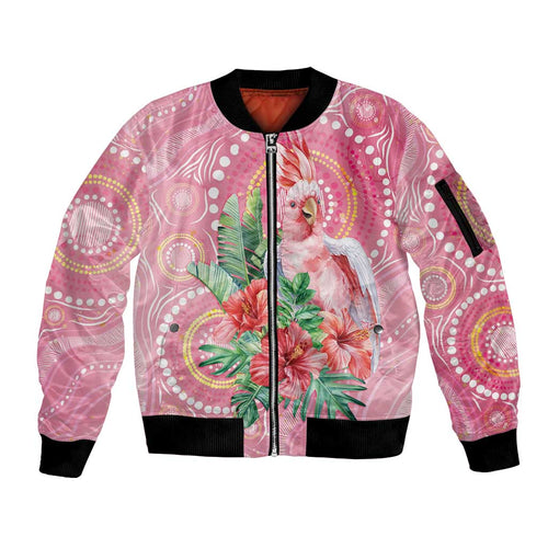 Breast Cancer Pink Cockatoo Sleeve Zip Bomber Jacket Indigenous Australia Watercolor Glaze - Aussie Hoodie
