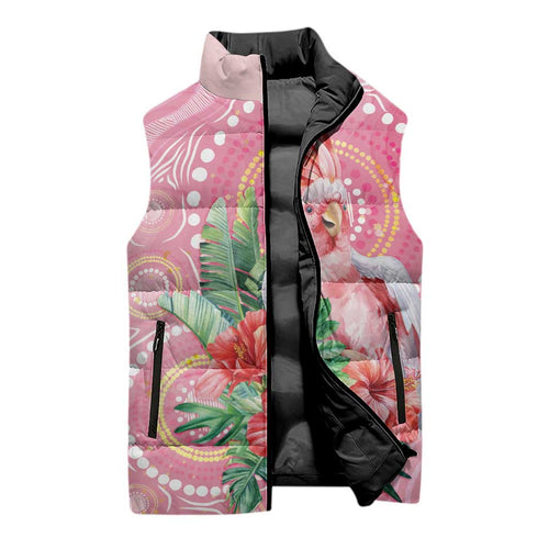 Breast Cancer Pink Cockatoo Sleeveless Puffer Jacket Indigenous Australia Watercolor Glaze - Aussie Hoodie
