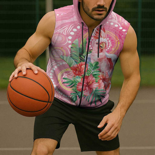 Breast Cancer Pink Cockatoo Sleeveless Zip Hoodie Indigenous Australia Watercolor Glaze LT7