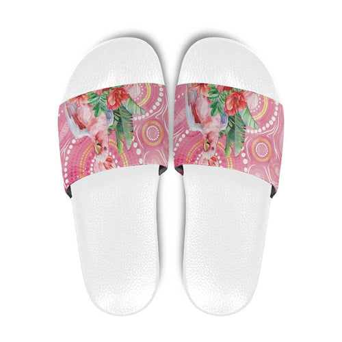 Breast Cancer Pink Cockatoo Slide Sandals Indigenous Australia Watercolor Glaze - Aussie Hoodie