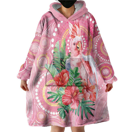 Breast Cancer Pink Cockatoo Wearable Blanket Hoodie Indigenous Australia Watercolor Glaze - Aussie Hoodie