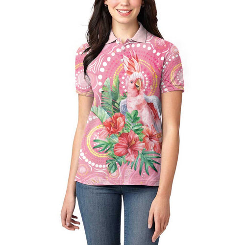 Breast Cancer Pink Cockatoo Women Polo Shirt Indigenous Australia Watercolor Glaze - Aussie Hoodie