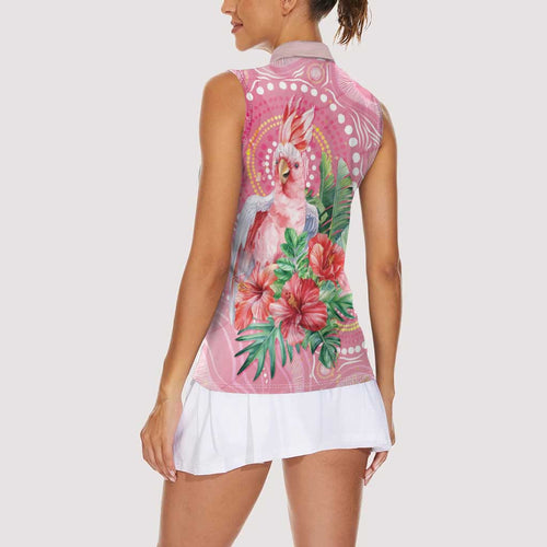 Breast Cancer Pink Cockatoo Women Sleeveless Polo Shirt Indigenous Australia Watercolor Glaze - Aussie Hoodie