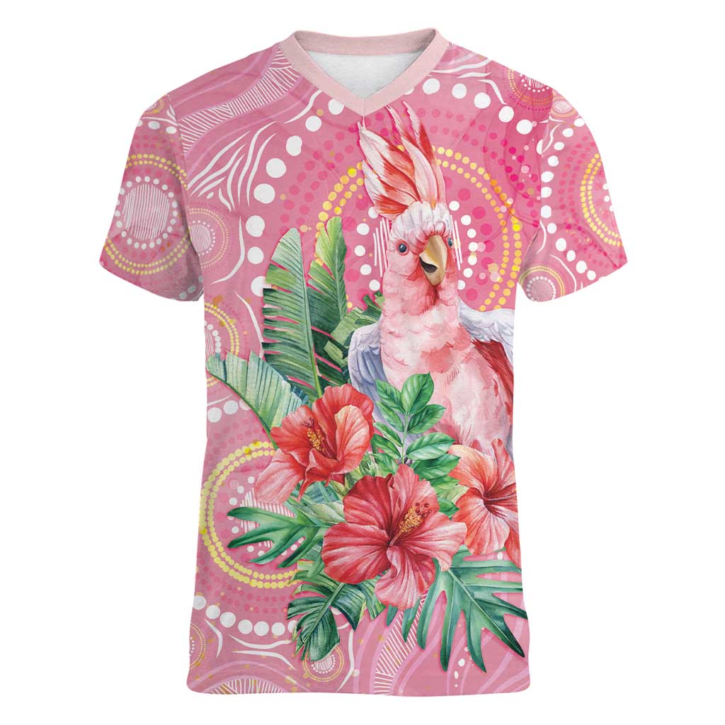 Breast Cancer Pink Cockatoo Women V-Neck T-Shirt Indigenous Australia Watercolor Glaze - Aussie Hoodie