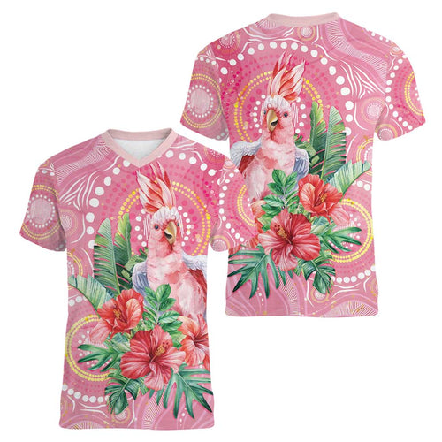 Breast Cancer Pink Cockatoo Women V-Neck T-Shirt Indigenous Australia Watercolor Glaze - Aussie Hoodie