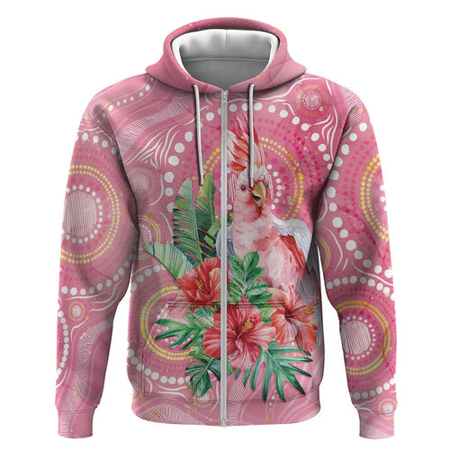 Breast Cancer Pink Cockatoo Zip Hoodie Indigenous Australia Watercolor Glaze - Aussie Hoodie
