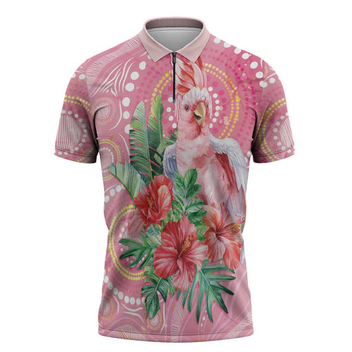 Breast Cancer Pink Cockatoo Zipper Polo Shirt Indigenous Australia Watercolor Glaze - Aussie Hoodie