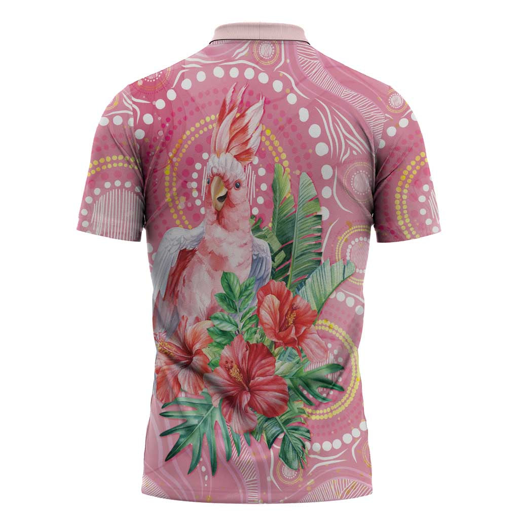 Breast Cancer Pink Cockatoo Zipper Polo Shirt Indigenous Australia Watercolor Glaze - Aussie Hoodie